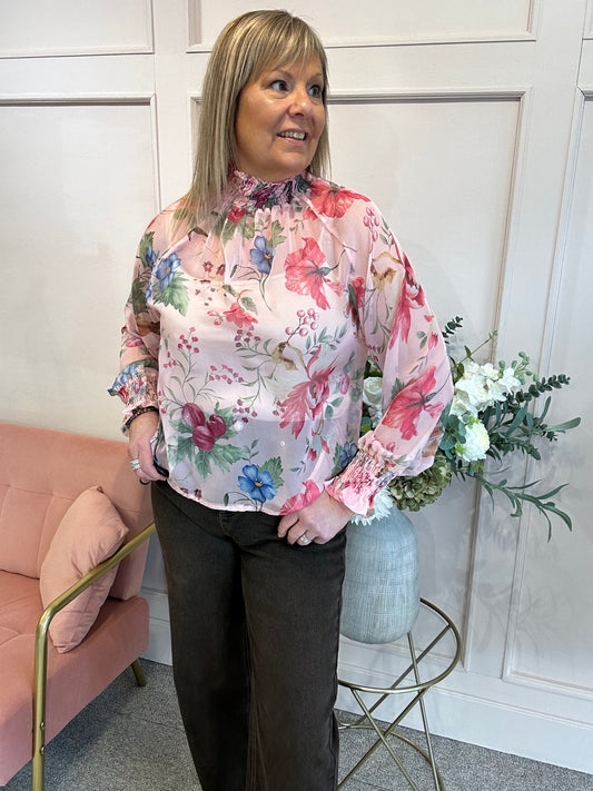 Floral Berry Ruffle Neck Top  - Pinks - Wardrobe By Simone