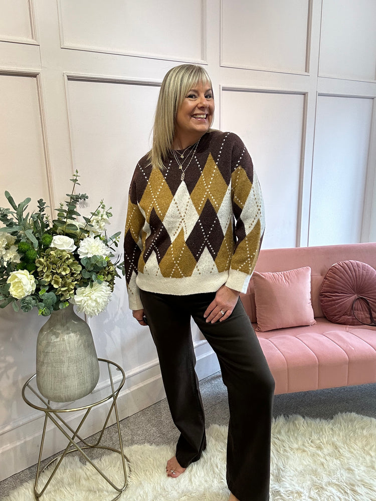 Harlequin Pattern Jumper - Brown/Camel