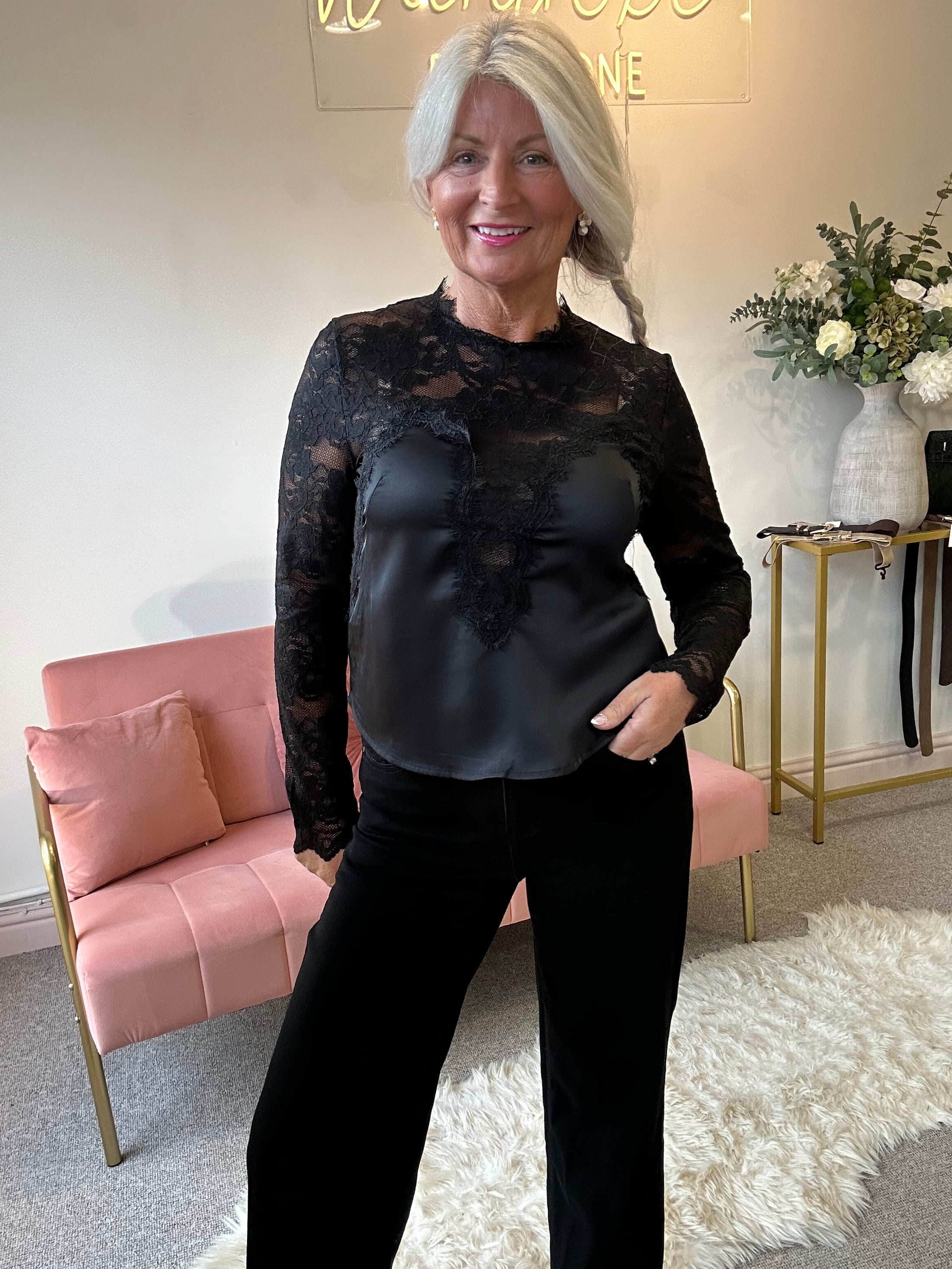 Lace & Satin Top - Black