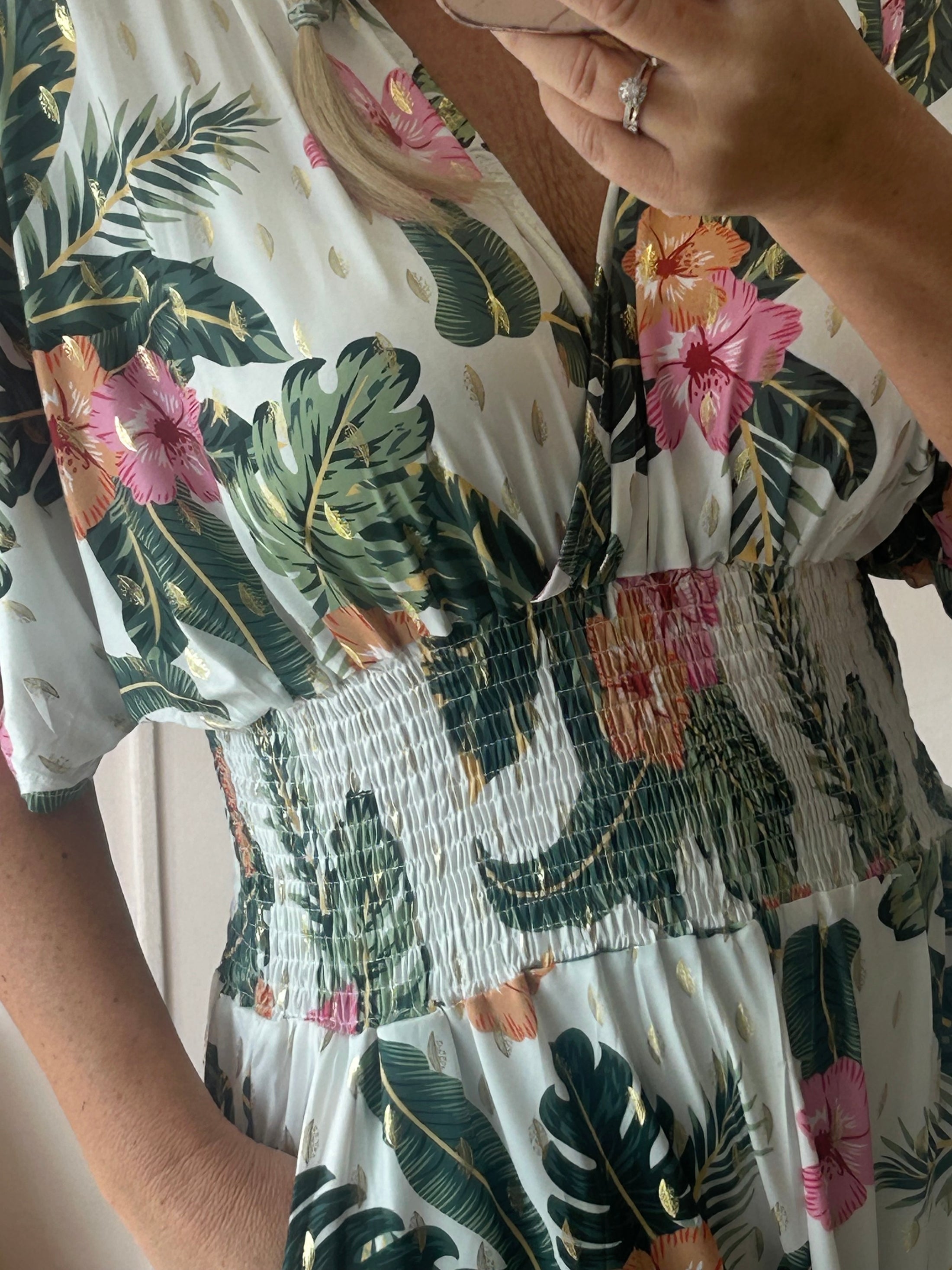 Botanical Flowers Slinky Jumpsuit - White/Green - Wardrobe By Simone