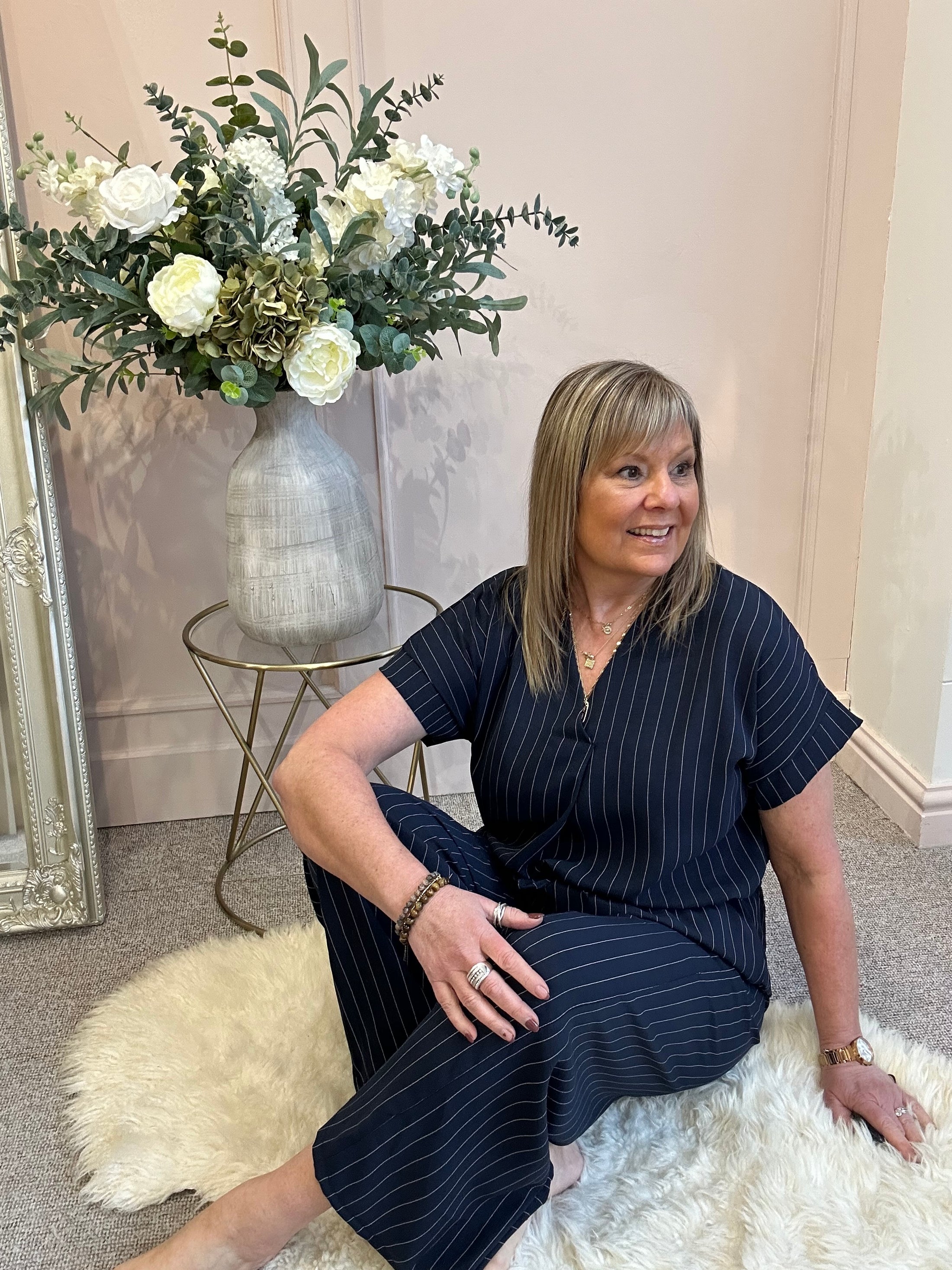 Pinstriped V Neck Top & Pant Set - Navy/White - Wardrobe By Simone