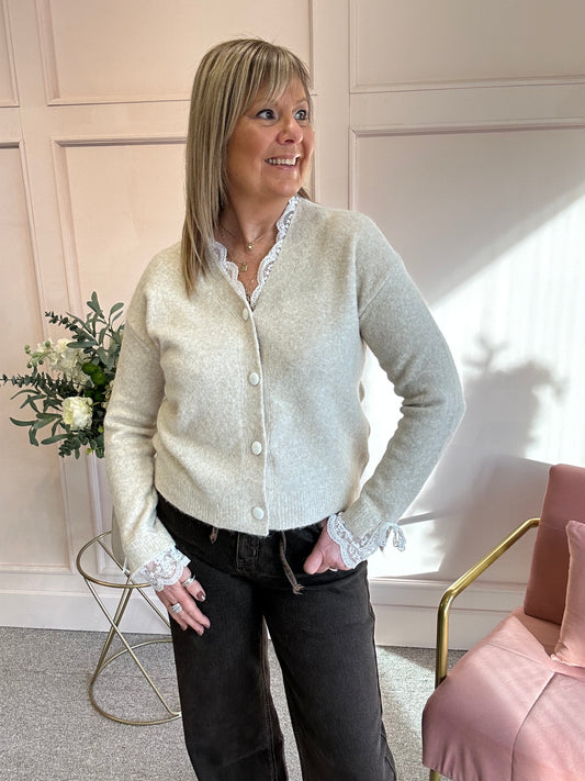 Lace Detail V Cardigan - Beige