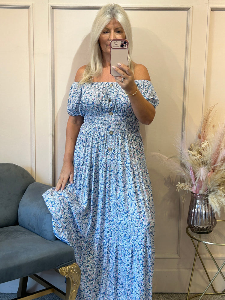 Ditsy Flowers Maxi Dress - Blue/White