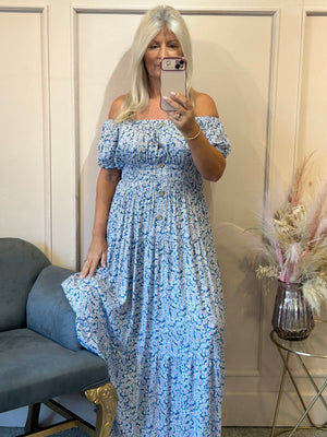 Ditsy Flowers Maxi Dress - Blue/White