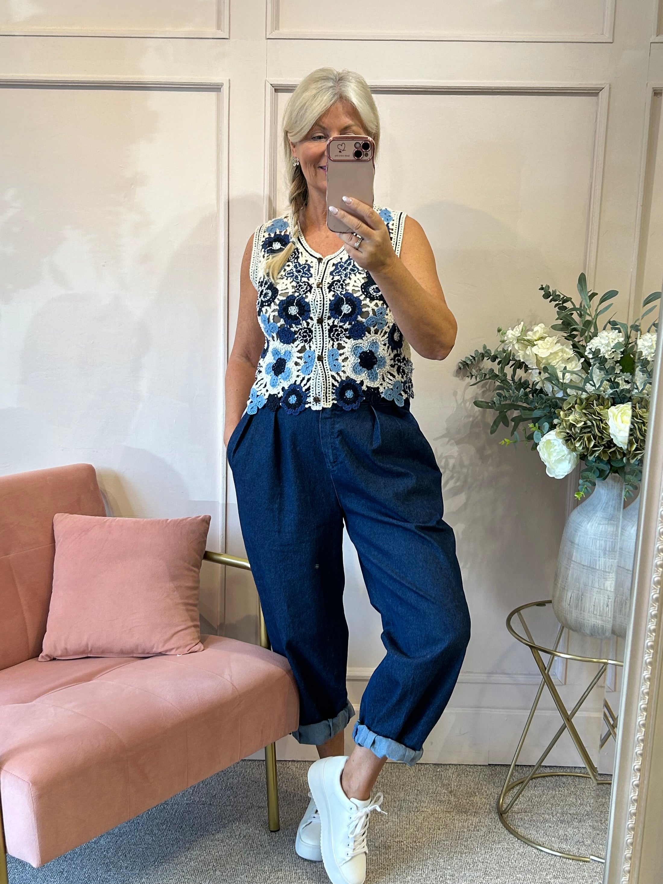 Crochet Little Waistcoat - Cream/Navy - Wardrobe By Simone