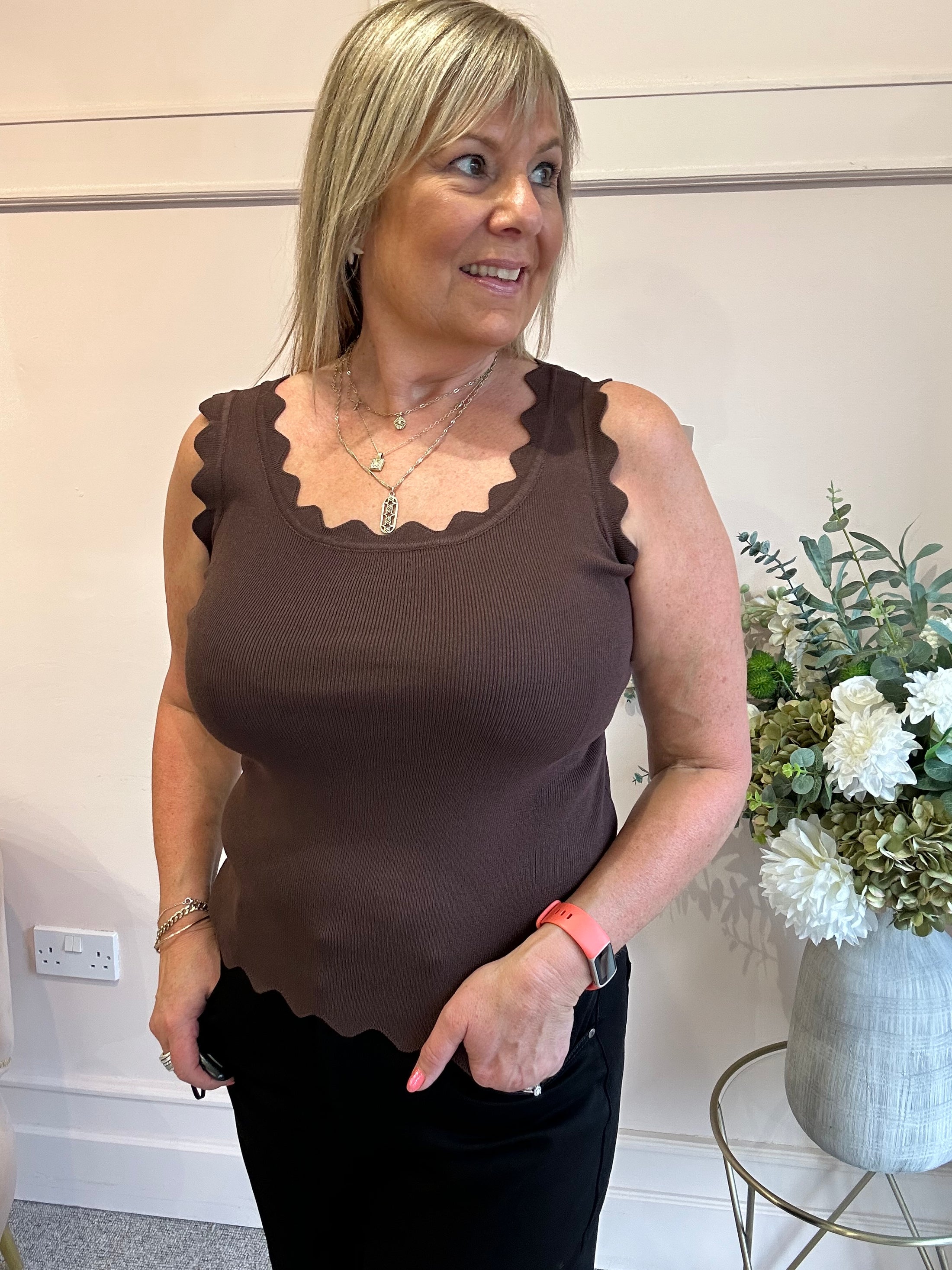 Scalloped Edged Vest Top - Brown