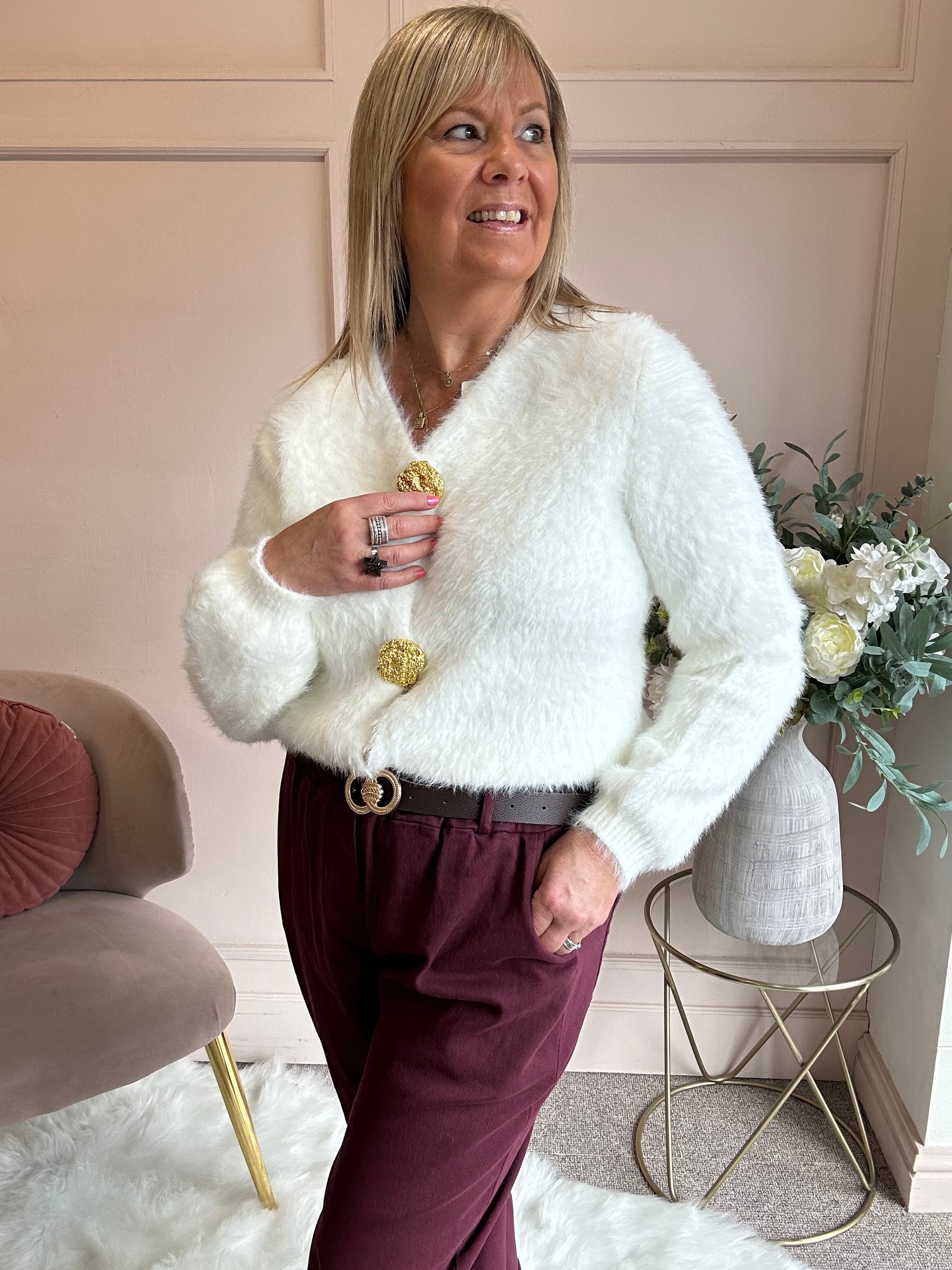 Fluffy Gold Button Cardigan - Winter White