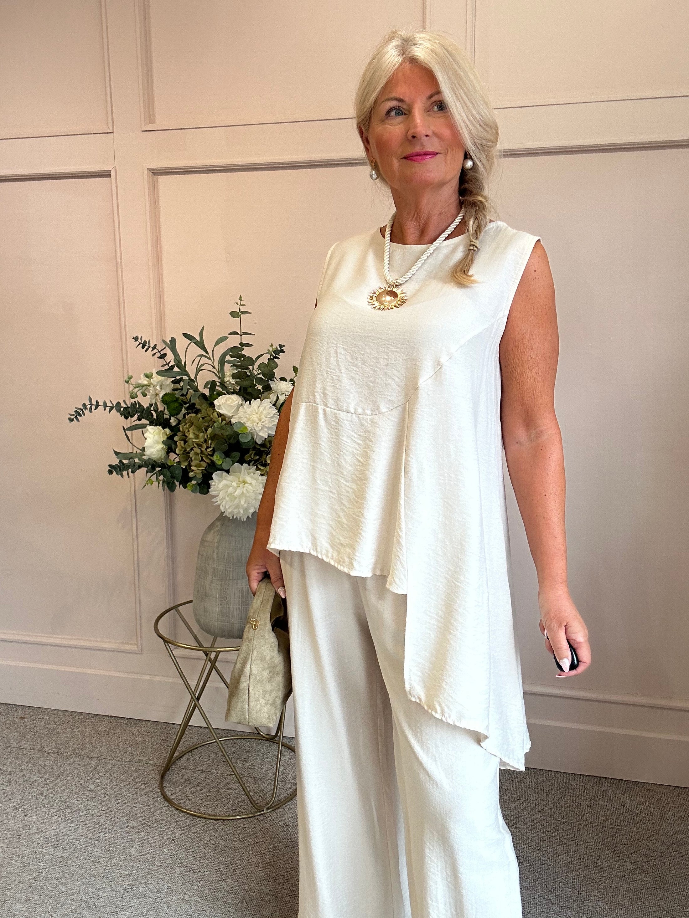 Sleeveless Asymmetrical Top & Pants Set - Cream One Size