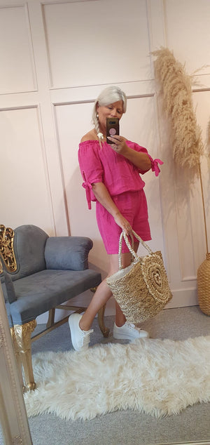 Linen Bardot Top & Shorts Playsuit - Pink