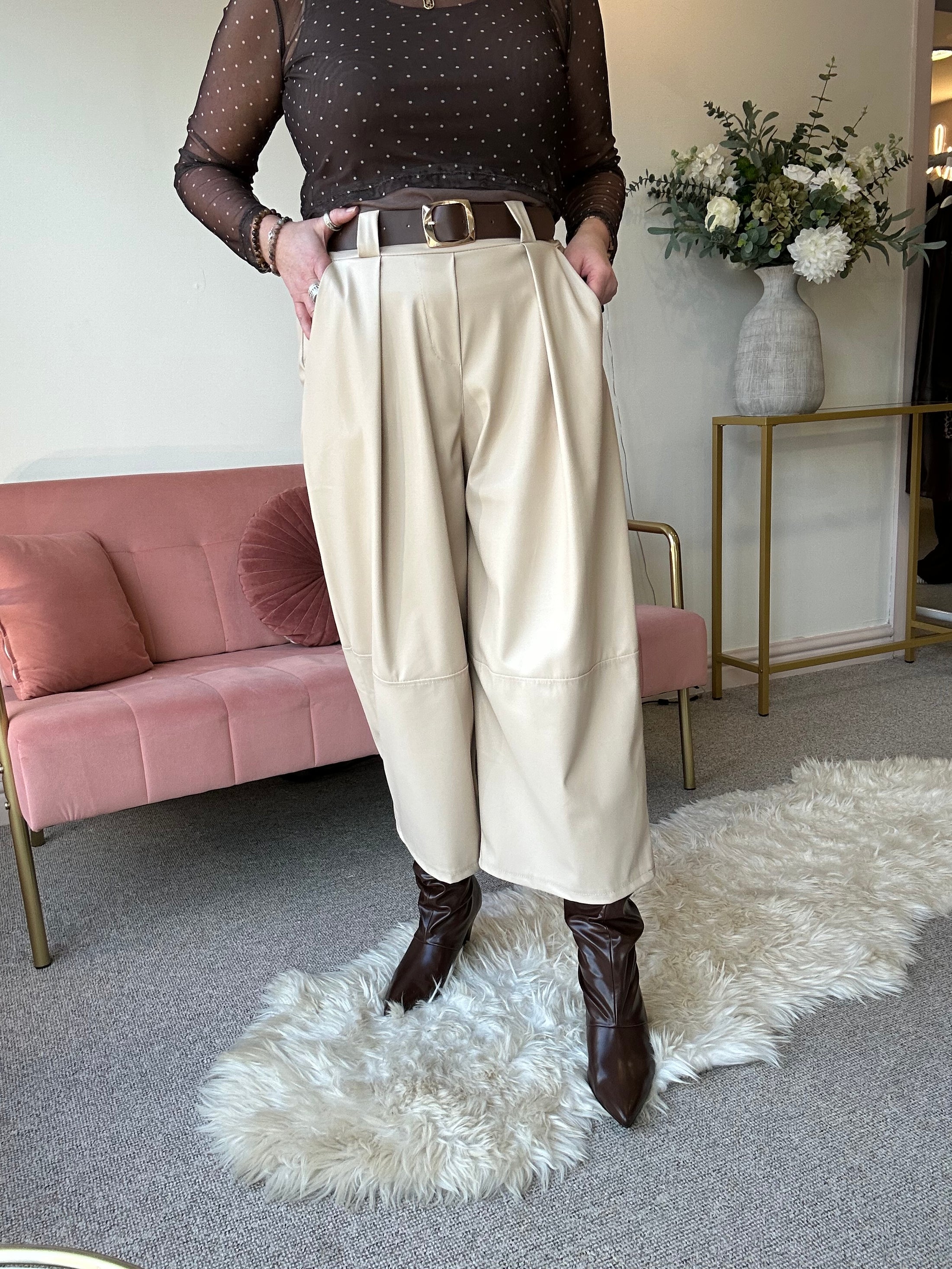 Faux Leather Wide Leg Trouser - Cream