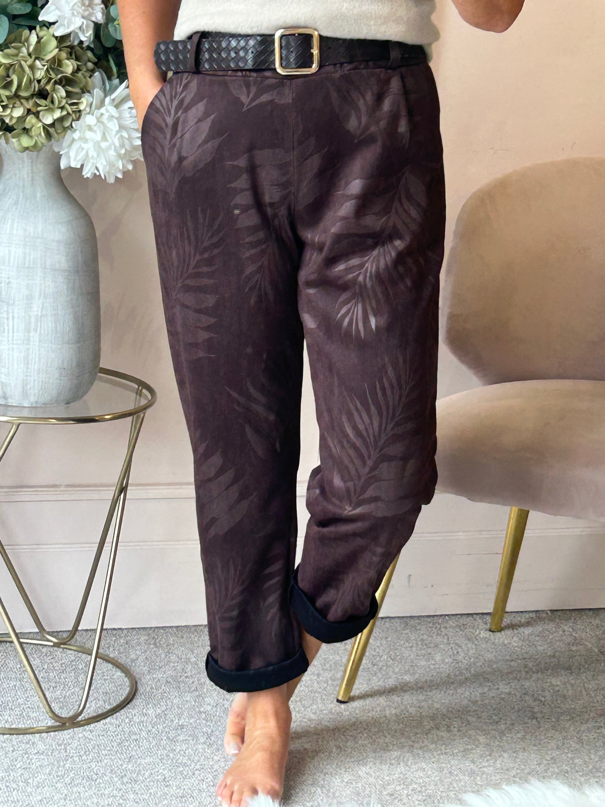 Belted Leaf Embossed Pant - Brown