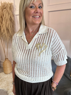 Gold Heart Collared Mesh Top - Cream/Gold - Wardrobe By Simone