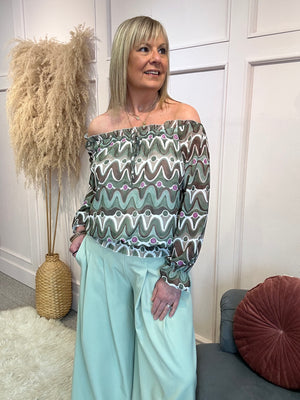 Ruffle Neck Swirl Print Blouse - Green/Beige