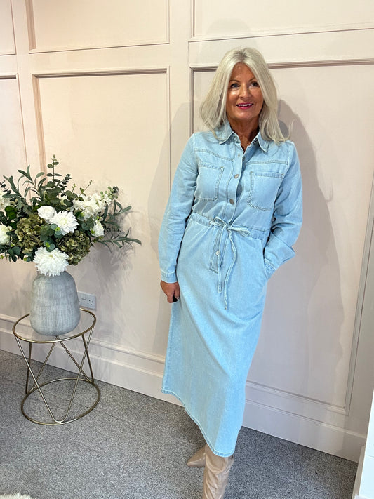 Denim Maxi Shirt Dress  - Light Blue