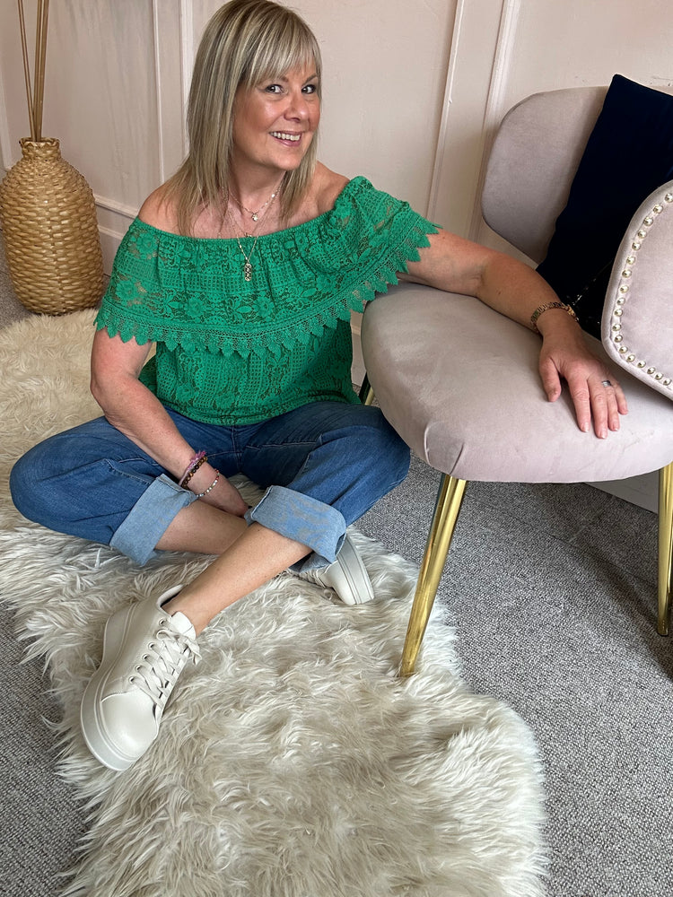 Bardot Lace Effect Top  - Emerald Green