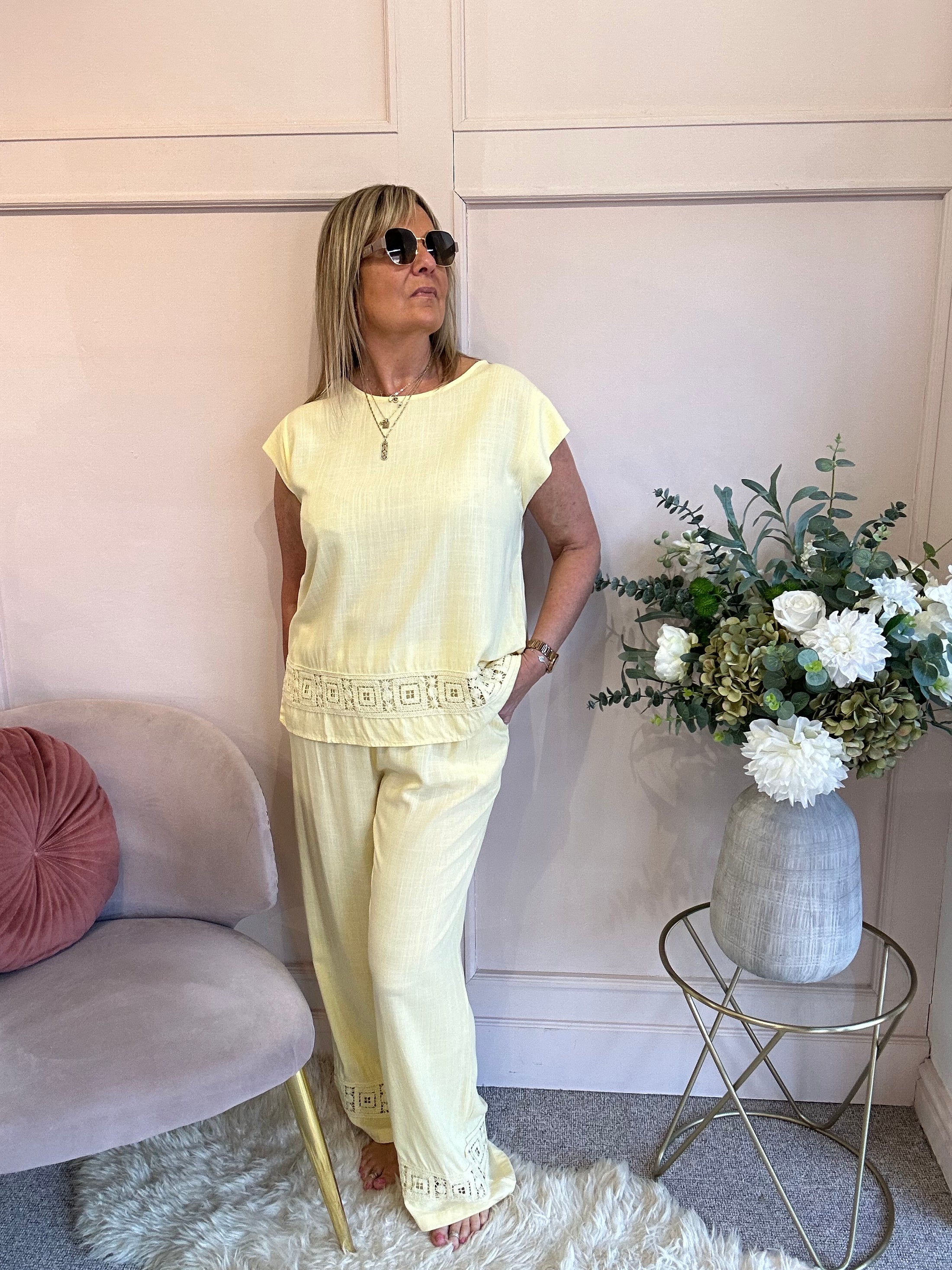 Detailed Edge Top & Pant Set - Soft Lemon - Wardrobe By Simone