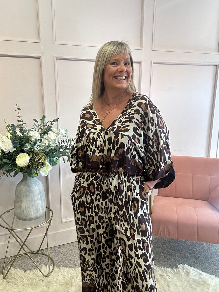 Leopard Top & Wide Pant Set - Brown/Cream