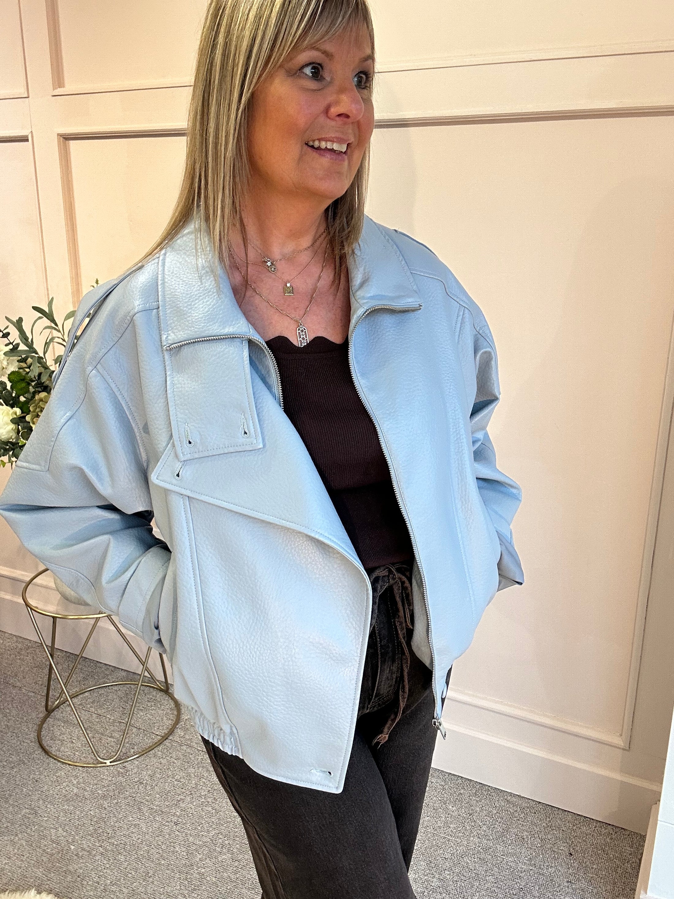 Bomber Faux Leather - Pale Aqua Blue