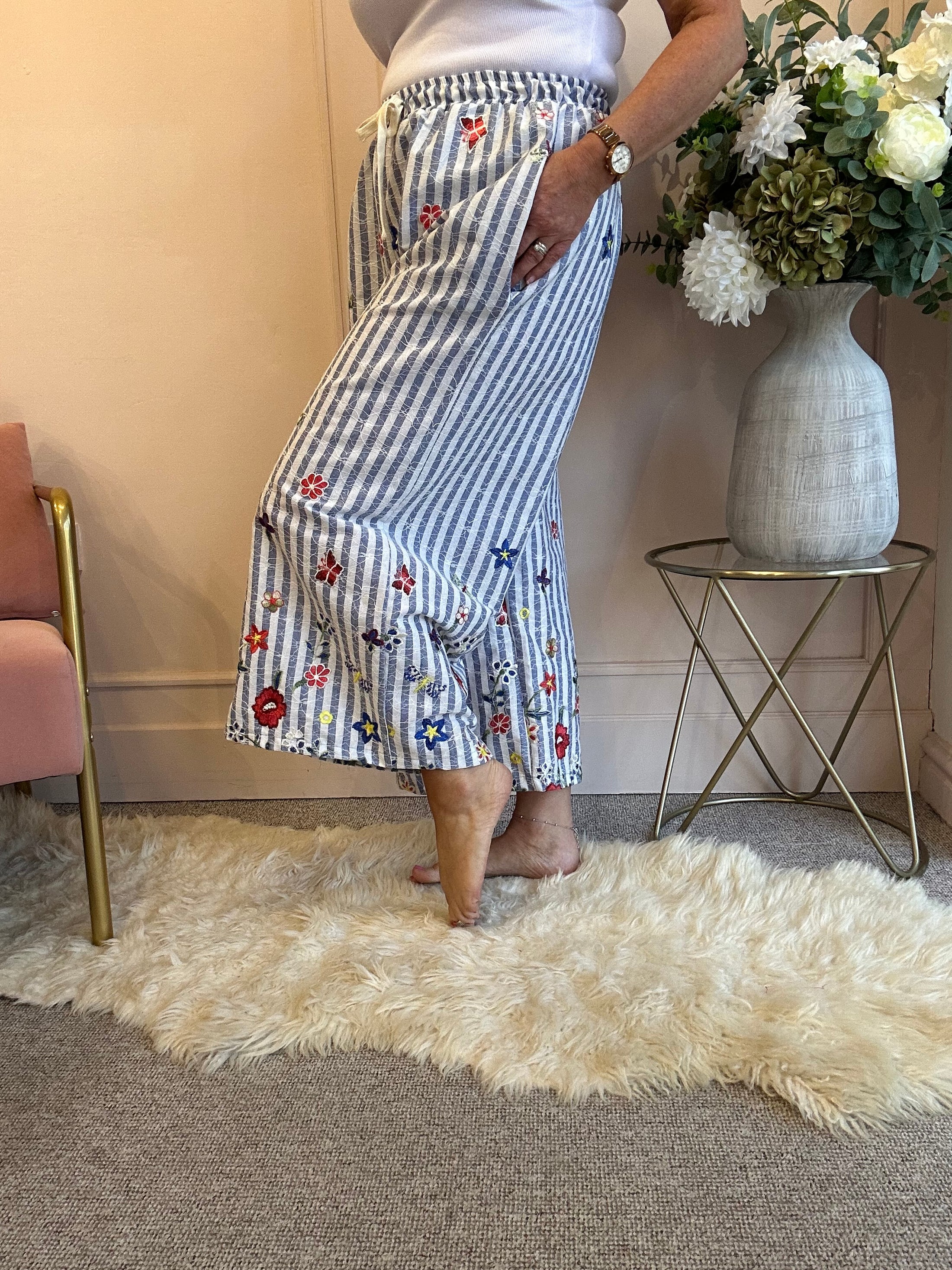 Flowers In The Pocket Striped Pant - Blue/White - Wardrobe By Simone