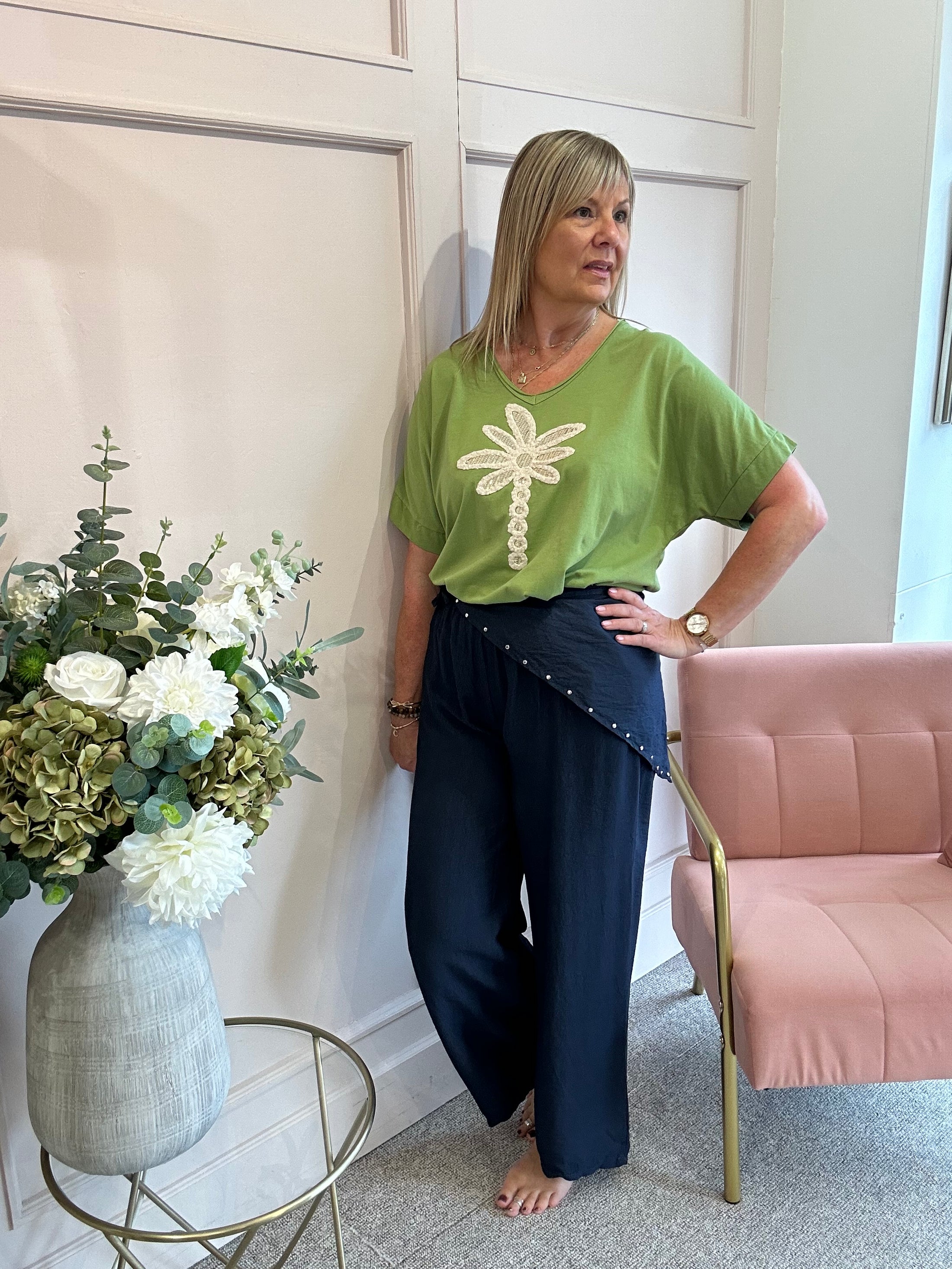 Palm With Gold Sequin T Shirt  - Olive Green
