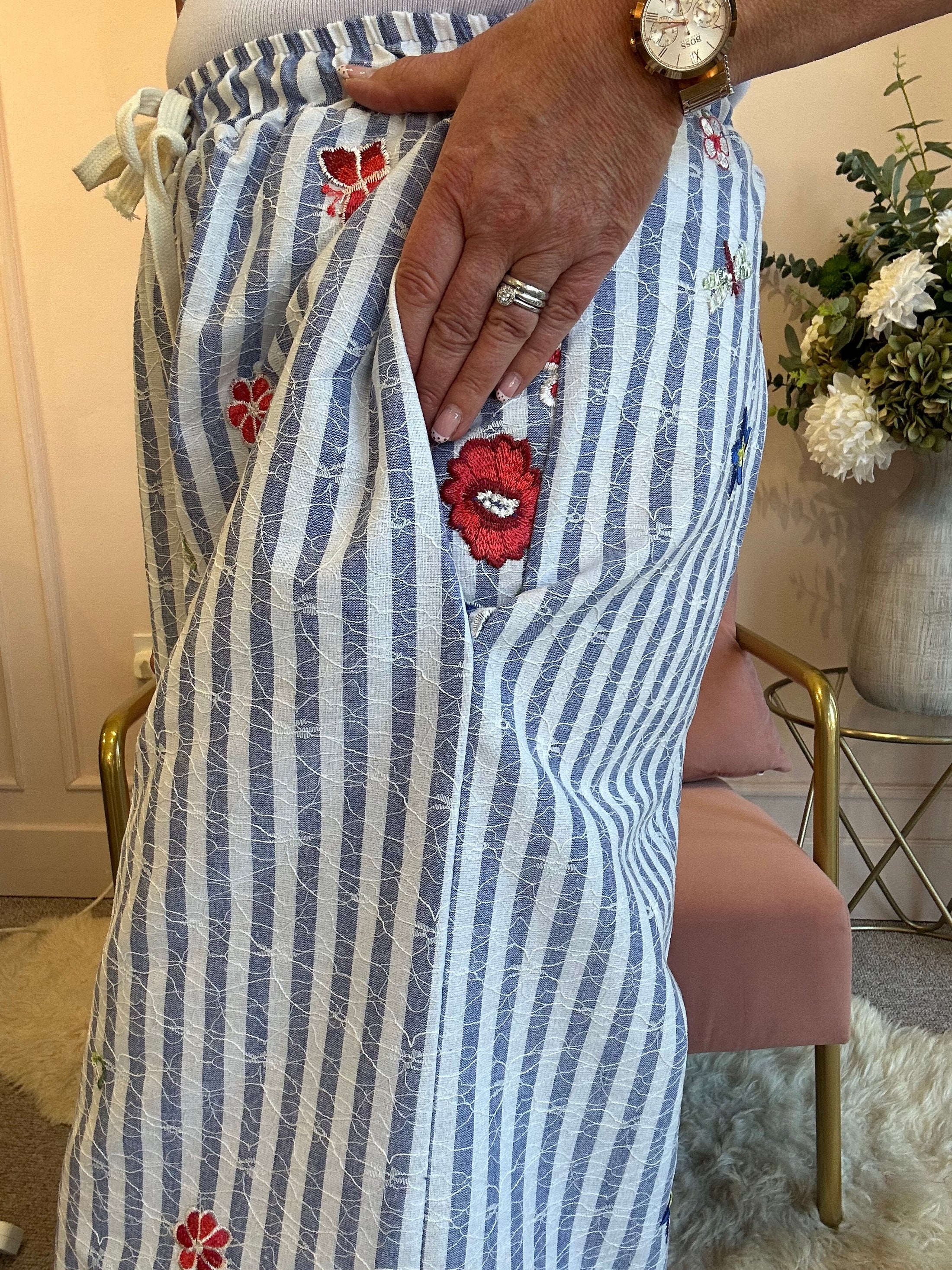 Flowers In The Pocket Striped Pant - Blue/White - Wardrobe By Simone