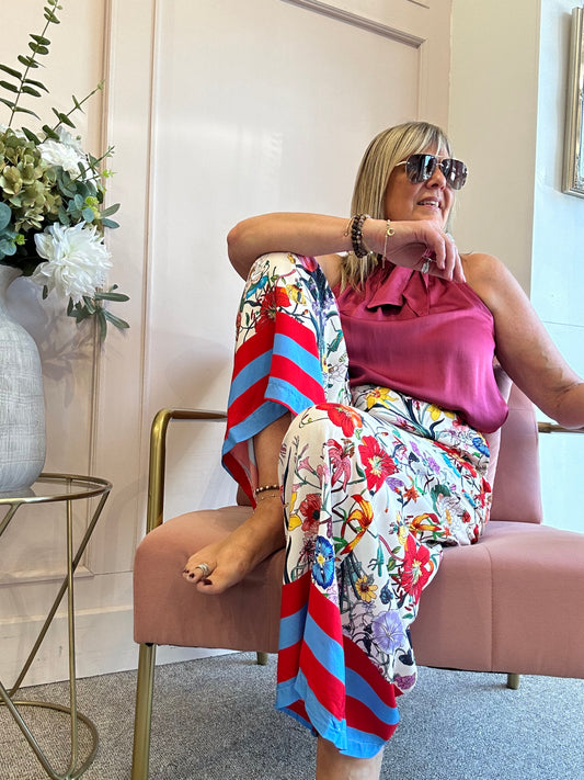 Botanical Floral Wide Pant - Cream/Blue - Wardrobe By Simone