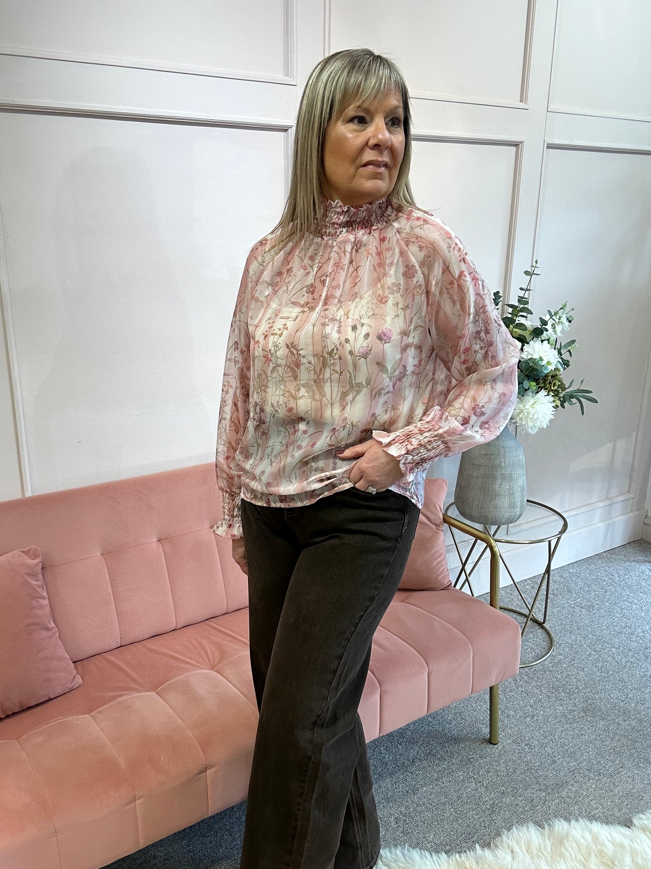 Pretty Flowers Ruffle Neck Top  - Pink - Wardrobe By Simone