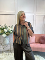 Bold Stripe Mandarin Shirt - Brown/Charcoal - Wardrobe By Simone