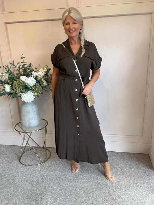 Gold Button Shirt  Dress - Brown - Wardrobe By Simone