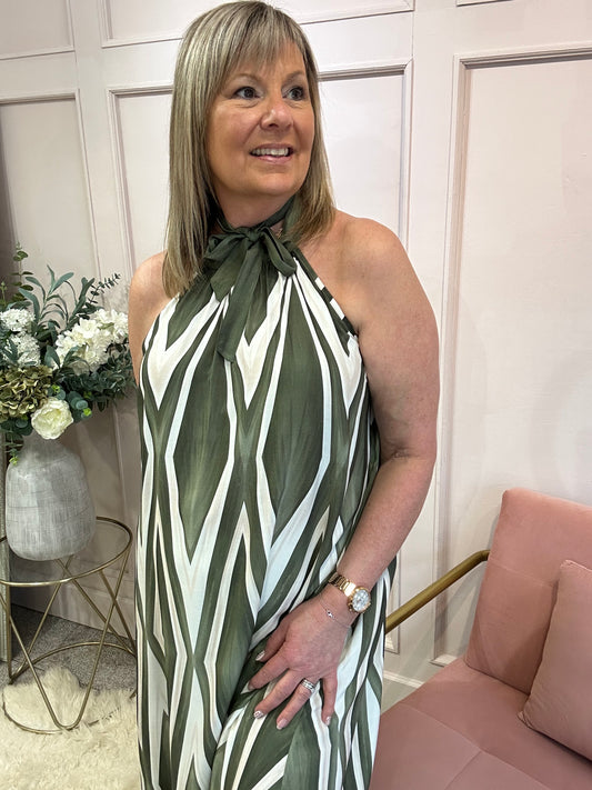 Halter Neck Maxi Dress - Khaki/Cream - Wardrobe By Simone