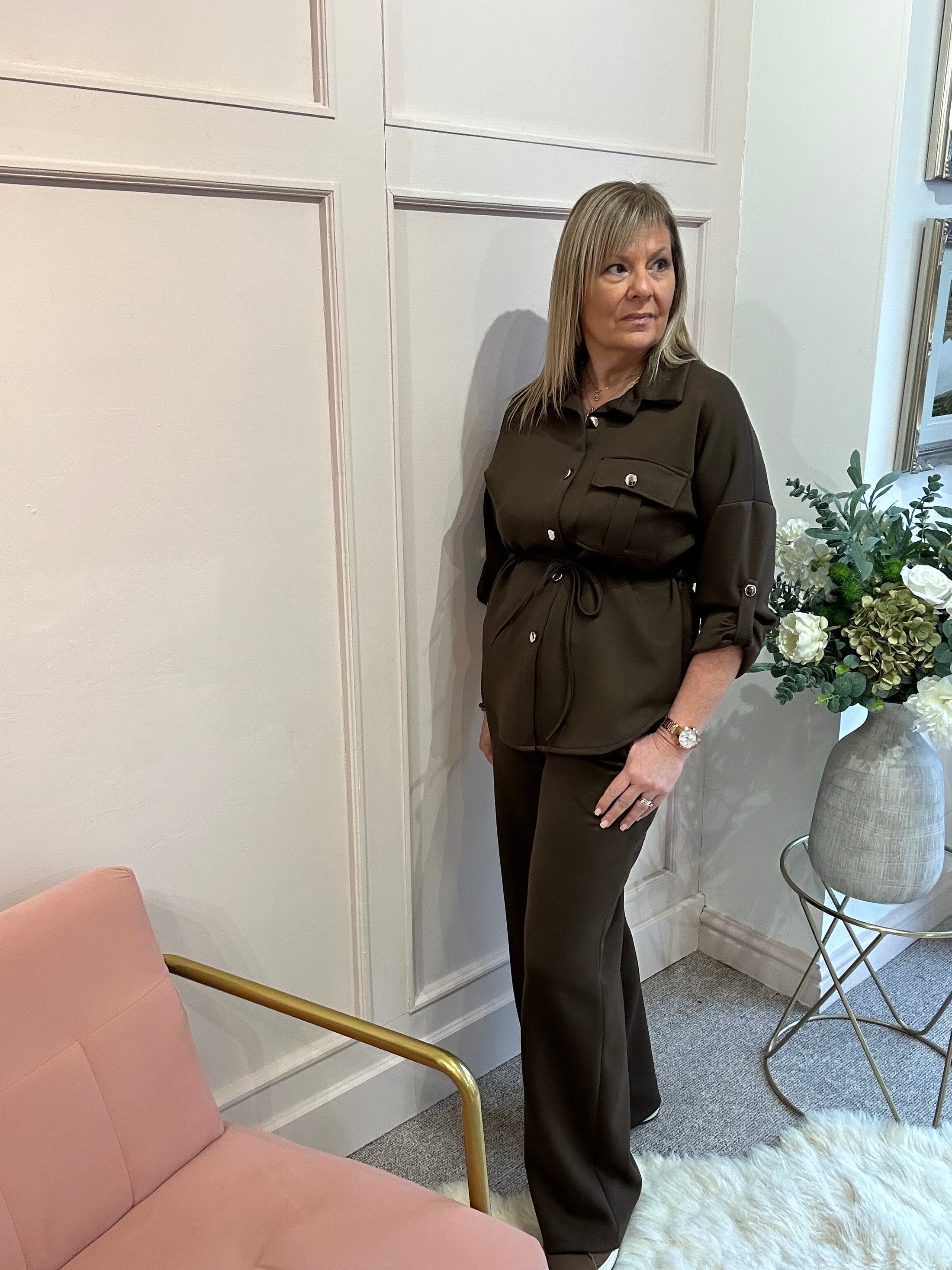 Tunic Shirt Jacket &Trouser Set - Brown