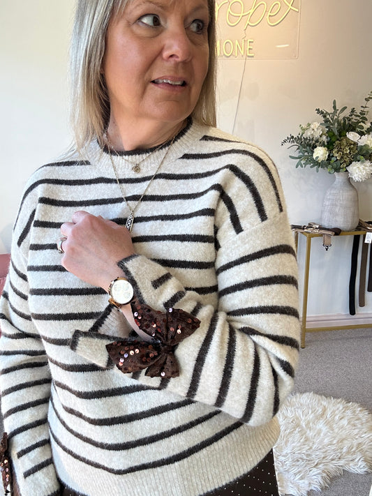 Sequin Bow Detail Stripe jumper -  Cream/Brown