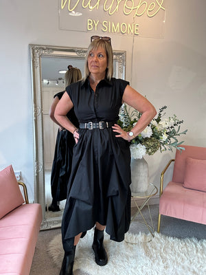 Quirky Belted Ruched Skirt Dress - Black