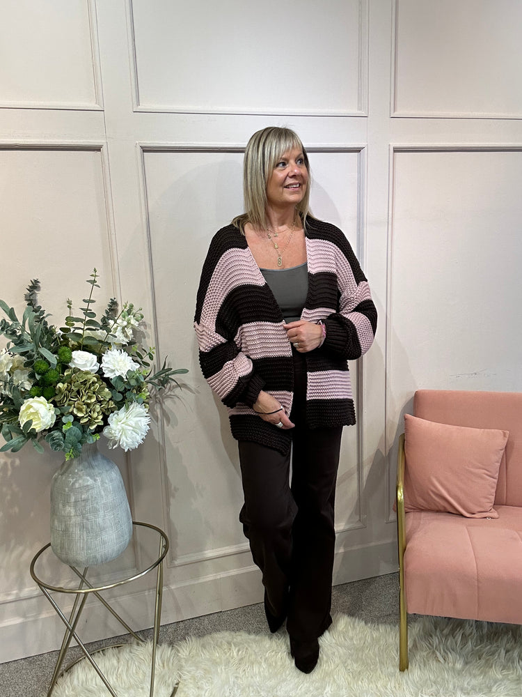 Chunky Knit Striped Cardigan - Pink/Brown