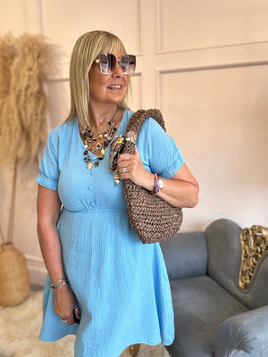 Short V-neck dress chessecloth - Cornflower - Wardrobe By Simone