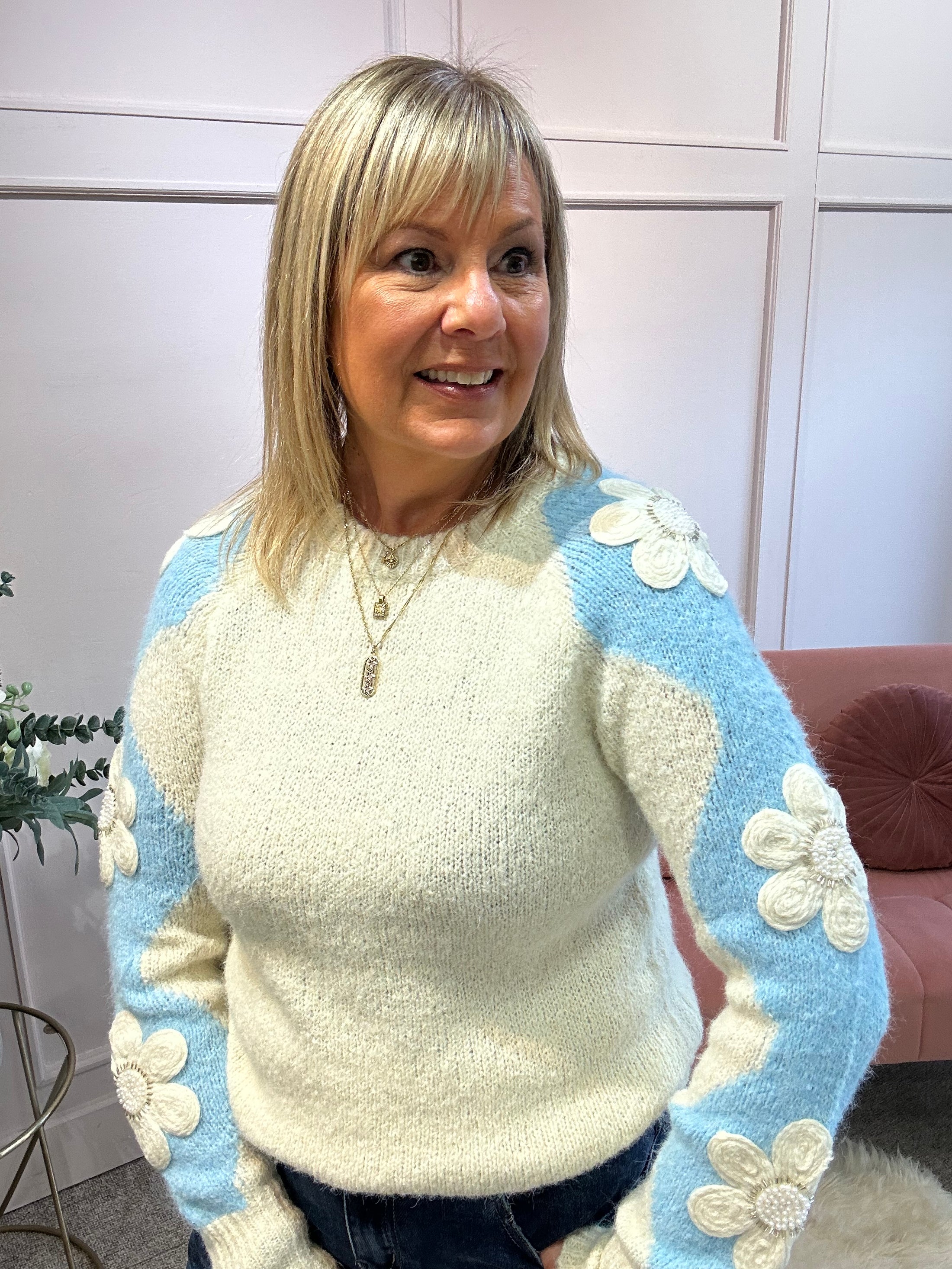 Beaded Flower Detail Jumper - Cream/Blue