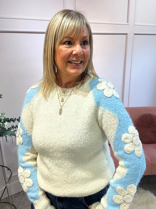 Beaded Flower Detail Jumper - Cream/Blue