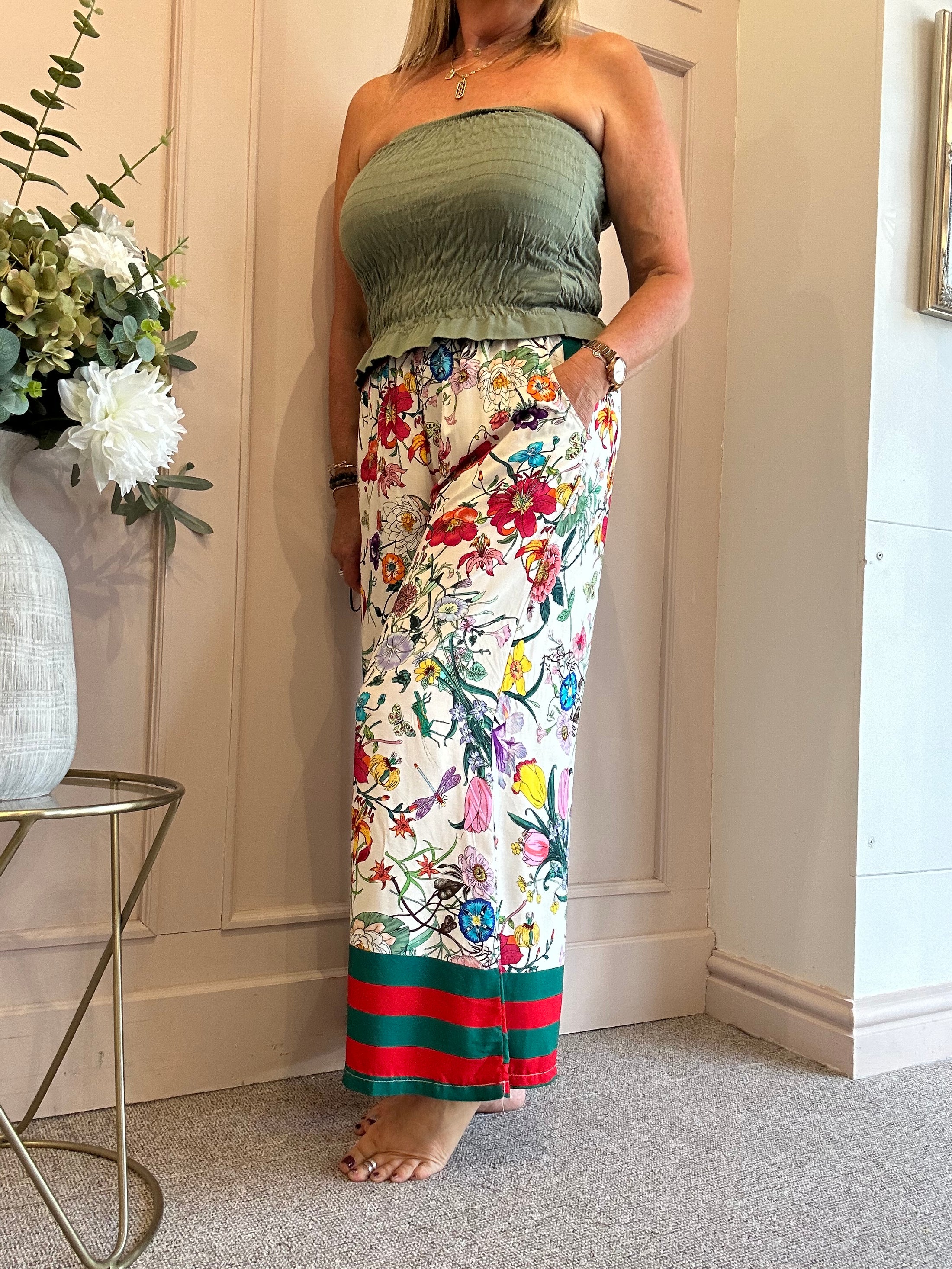 Botanical Floral Wide Pant - Cream/Red