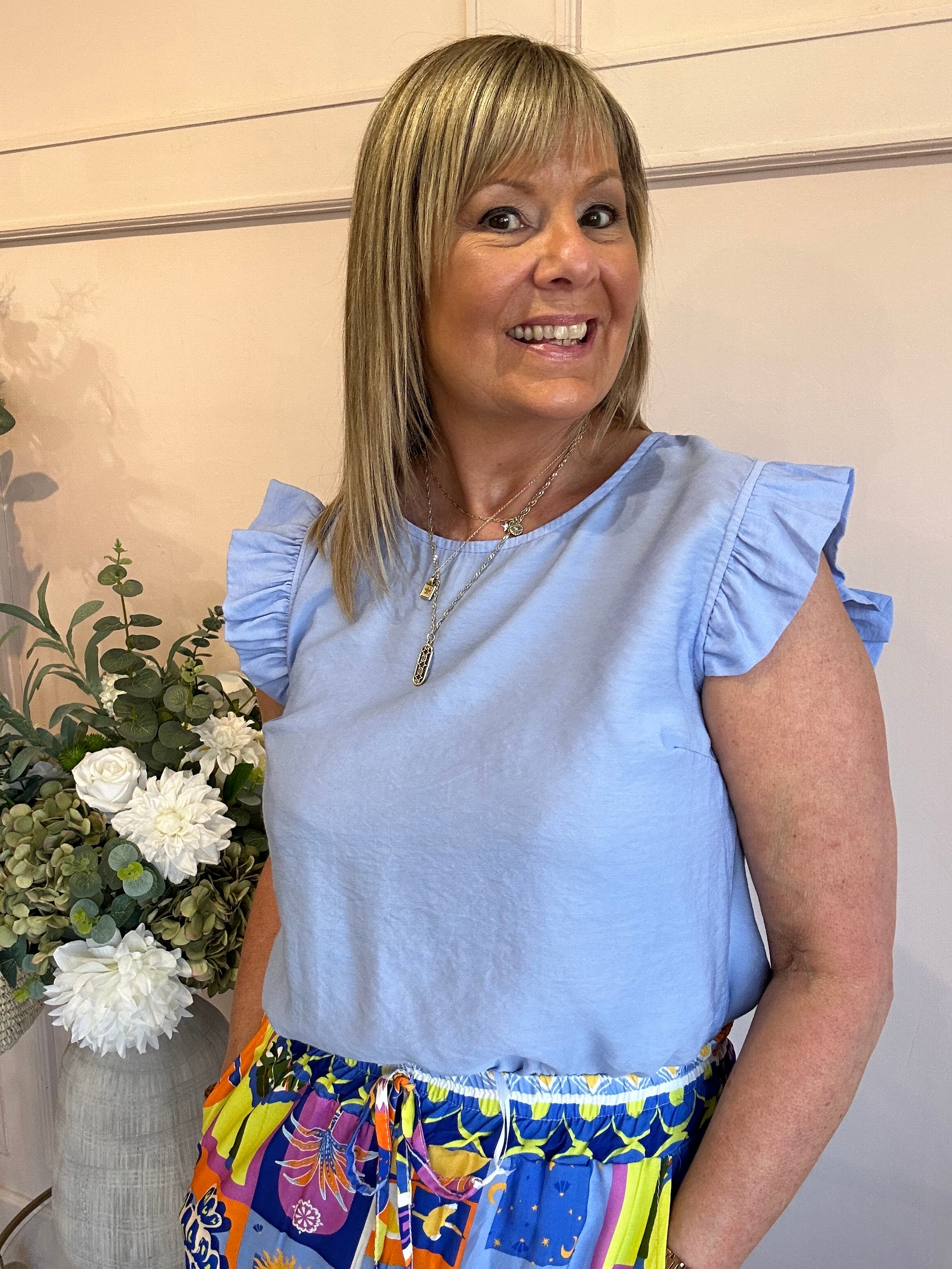 Frill Cap Sleeved Top  - Cornflower Blue - Wardrobe By Simone