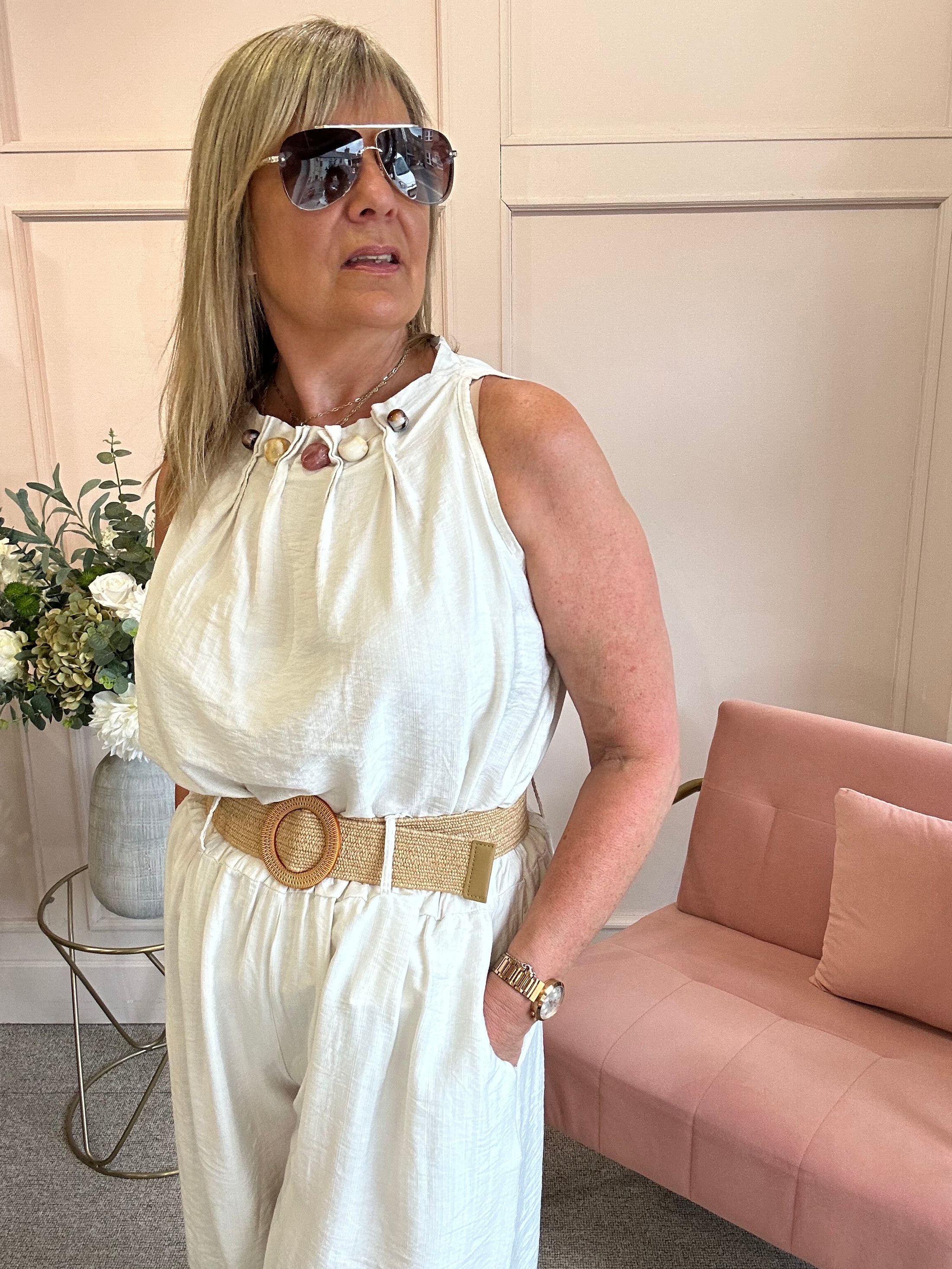 Ruched Neckline Sleeveless Top - Cream