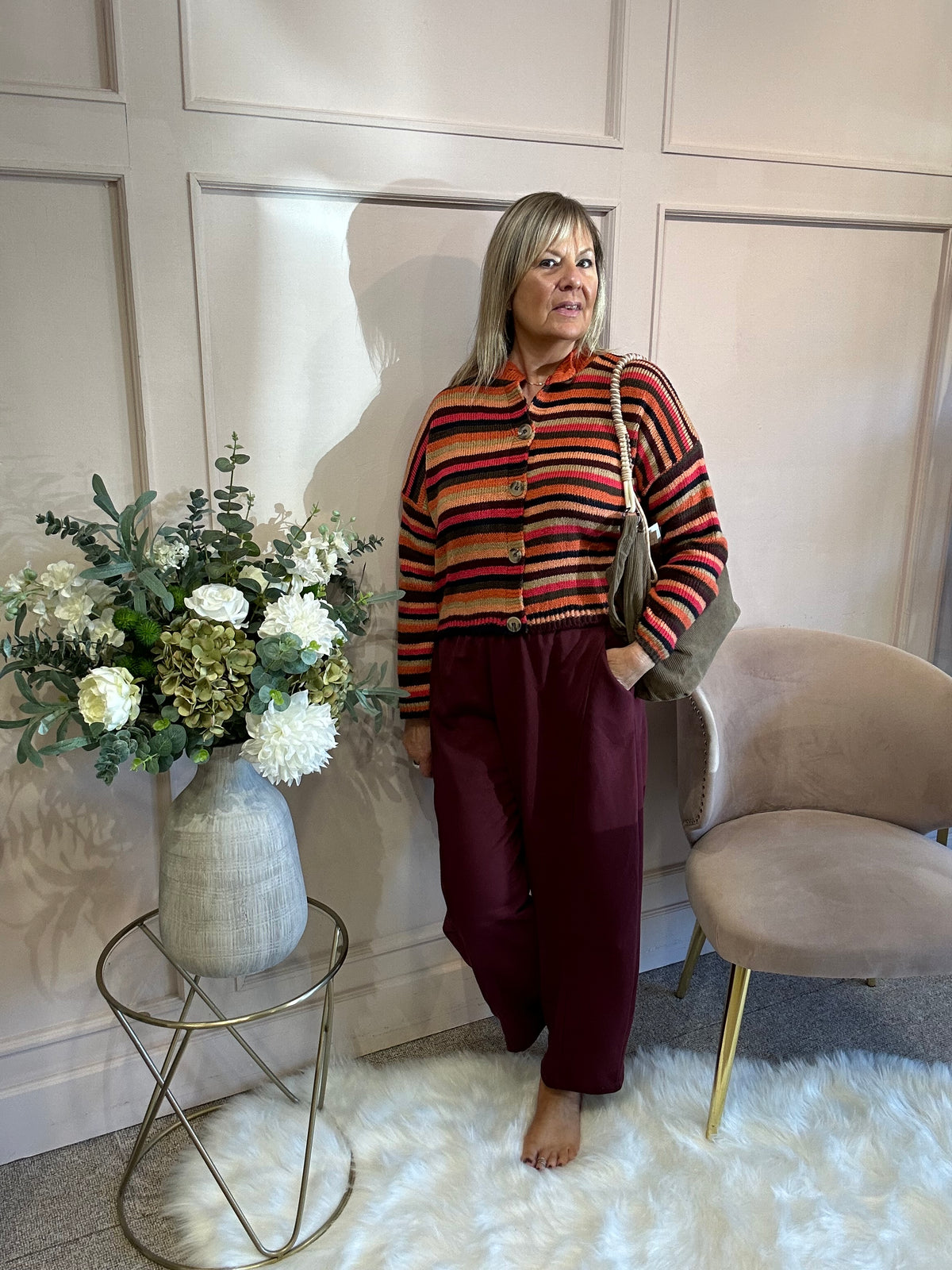 Striped Knit Cardigan - Burnt Orange/Brown