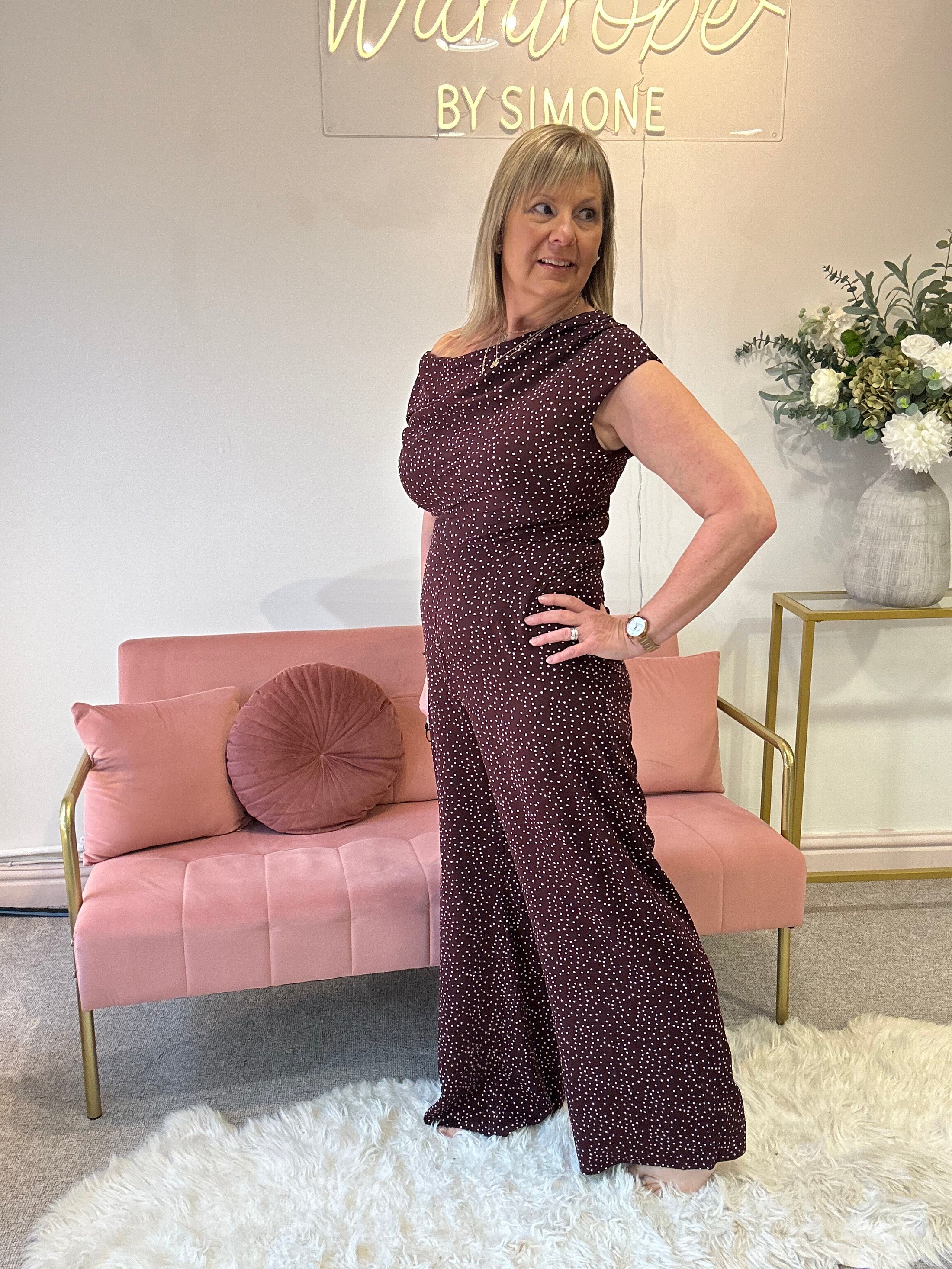 Asymmetric Neckline Jumpsuit - Brown/Cream