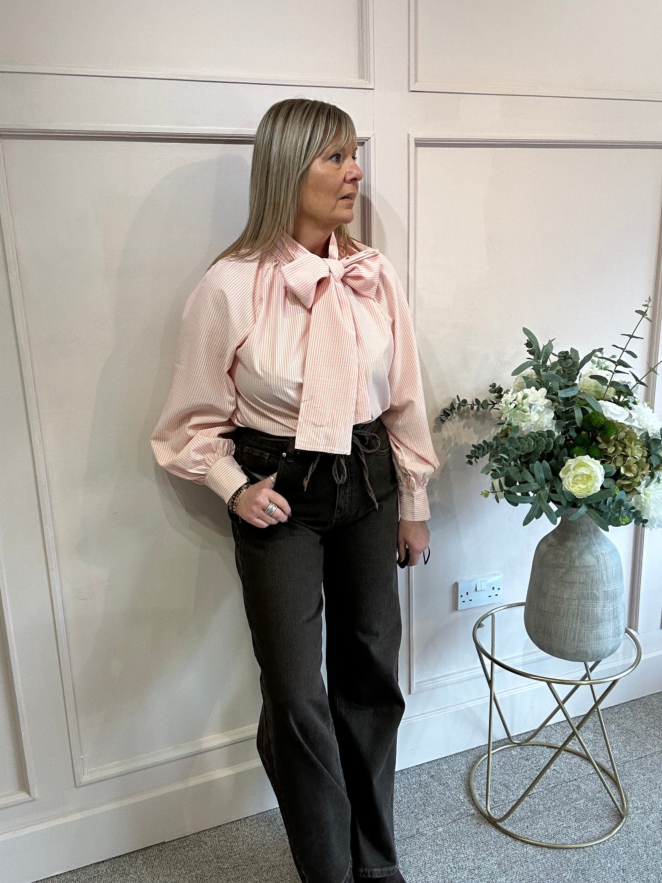 Striped Bow Blouse - Candy Pink / Cream