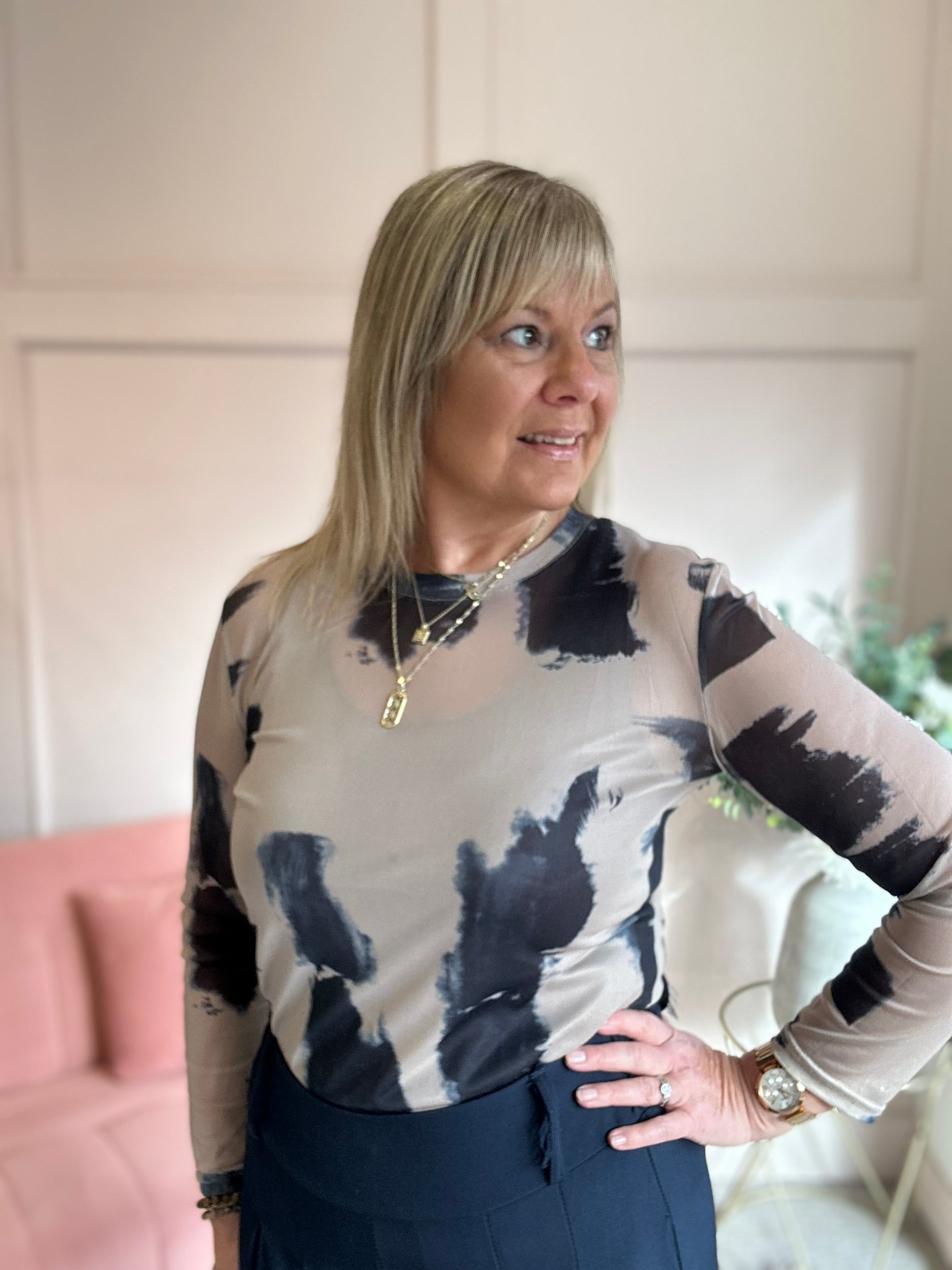 Long Sleeve Mesh Top - Beige/Indigo