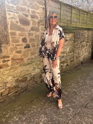 Cheetah & Palm Print Wide Pant - Cream/Black