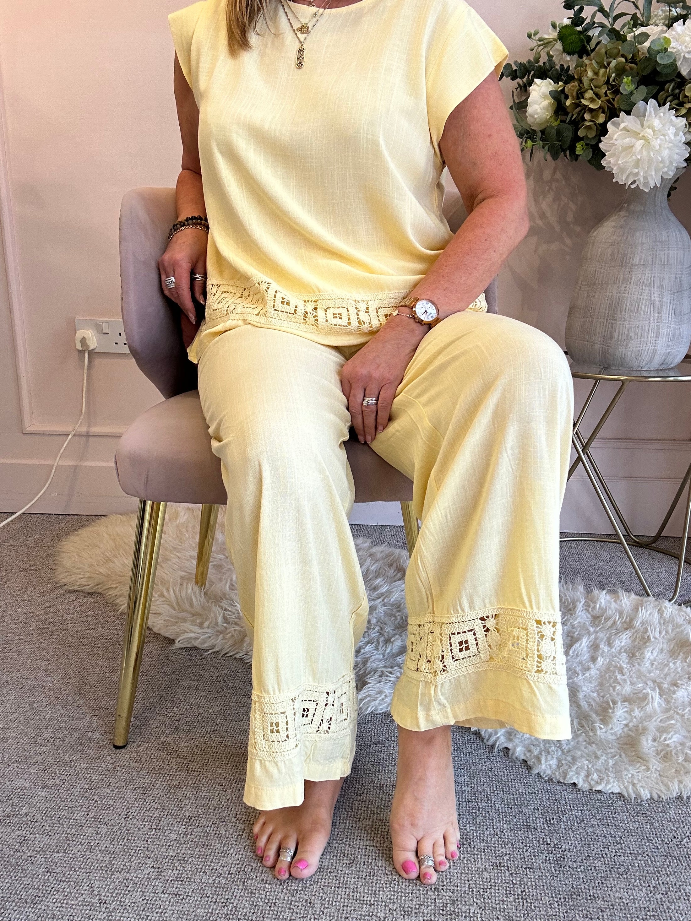 Detailed Edge Top & Pant Set - Soft Lemon - Wardrobe By Simone