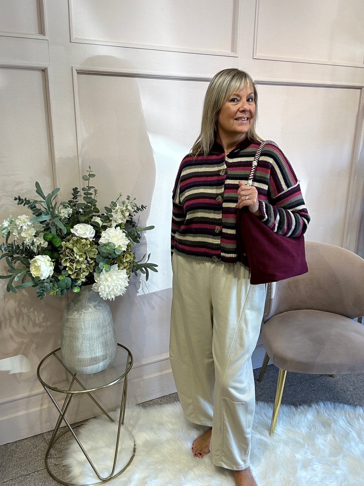 Striped Knit Cardigan - Plum/Khaki
