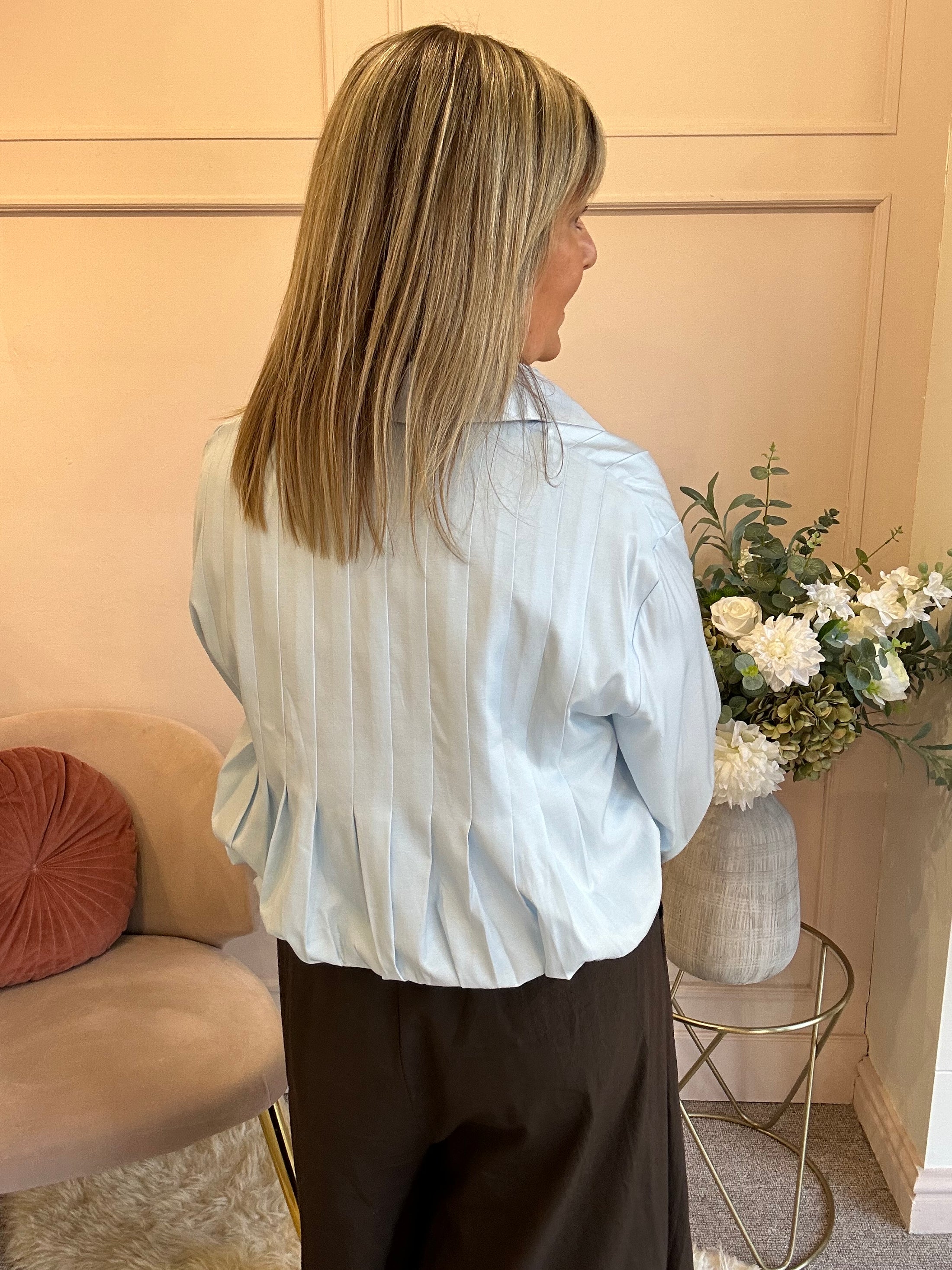 Sheer Shimmer Pleated Shirt - Aqua Blue - Wardrobe By Simone