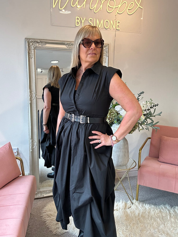 Quirky Belted Ruched Skirt Dress - Black
