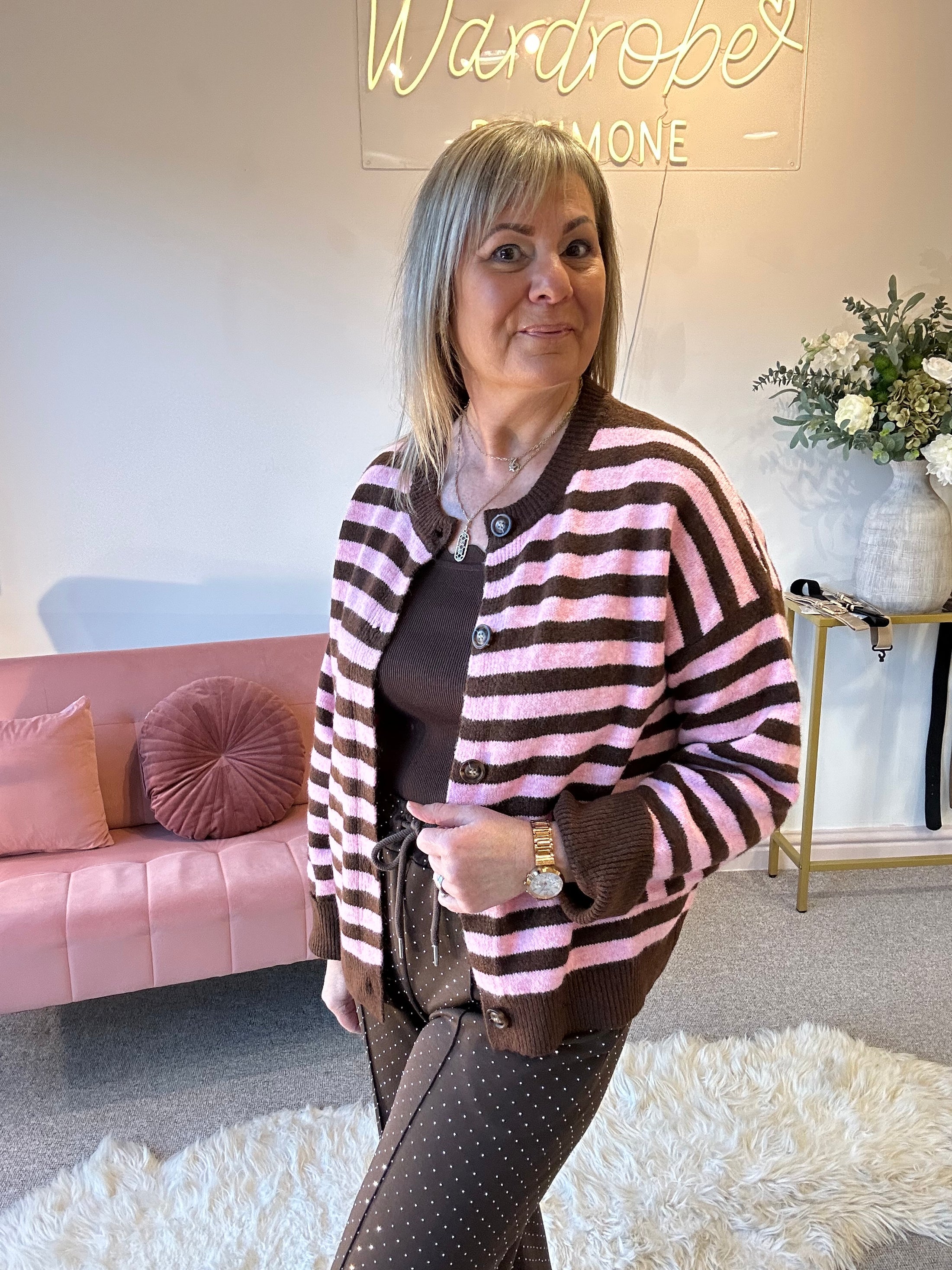 Fun Striped Button Cardigan -  Pink/Brown